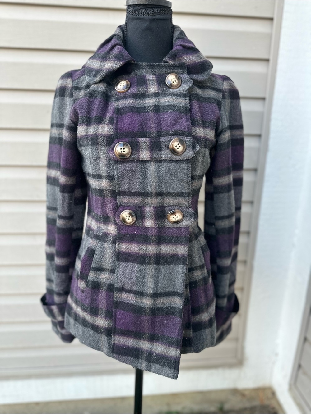 Vintage Women's Hooded Double-Breasted Plaid Wool-Blend Peacoat - Purple & Gray